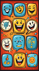 Happy cartoon faces in speech bubbles on a phone screen.