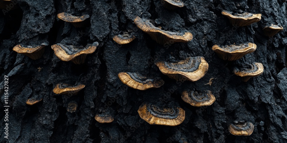 Poster mushrooms thriving on a dark tree trunk, showcasing the unique appearance and relationship between m