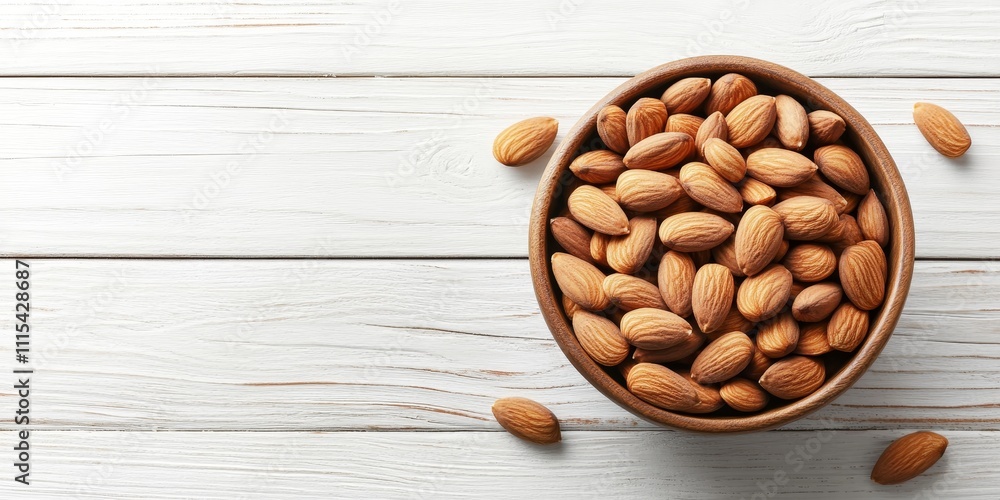 Poster almonds arranged in a bowl on a white wooden background offer a top view display, creating an inviti