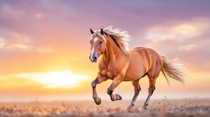 Obraz premium A majestic horse galloping freely across a vibrant orange and purple sunset, with its mane and tail flowing in the wind, creating a picturesque silhouette against the glowing sky.