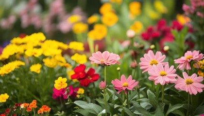 A vibrant display of colorful flowers in a garden setting.