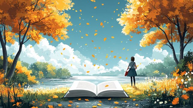 An autumn-themed illustration featuring a person reading books amidst falling leaves, symbolizing knowledge and education. The scene evokes a sense of studying and preparing for exams, with the warm t