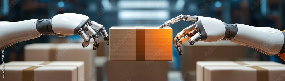 Poster two robotic arms reach for a glowing box in a futuristic warehouse, showcasing advanced automation a