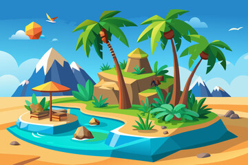 Obraz premium Tropical landscape with beach, sea, and palm trees vector illustration