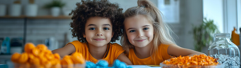 Obraz premium Kids Financial Workshop Engagement with Digital Elements in Vibrant Setting