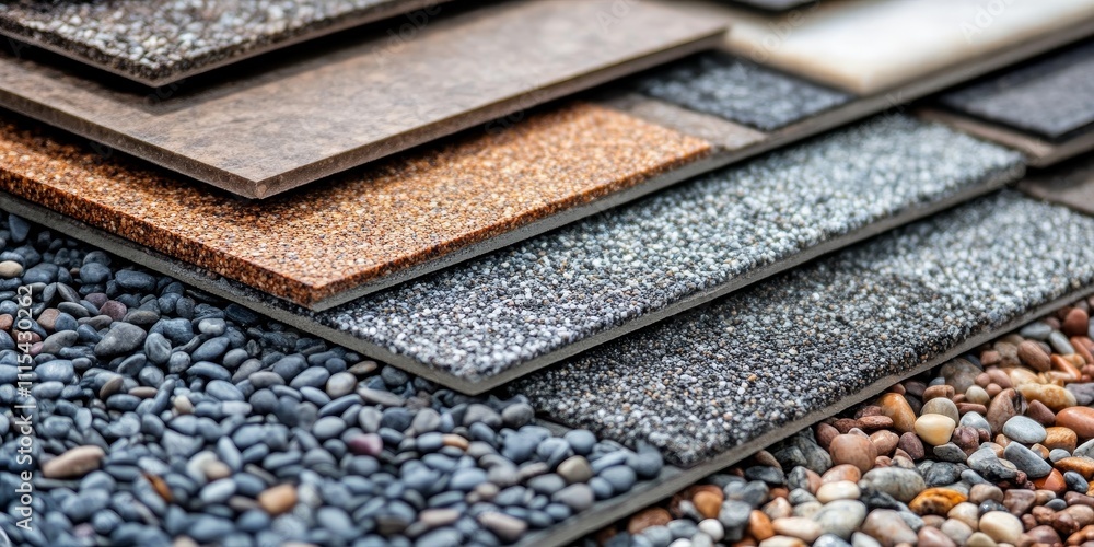 Poster gravel and floor tiles arranged in a stacked formation, showcasing the textures and colors of gravel