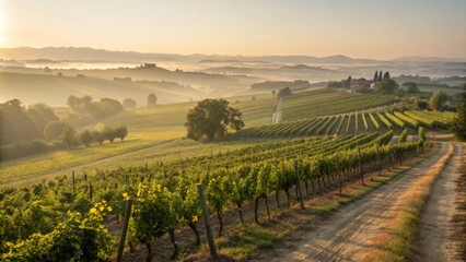 Fototapeta premium Scenic vineyard at sunrise with rows of grapevines and mist
