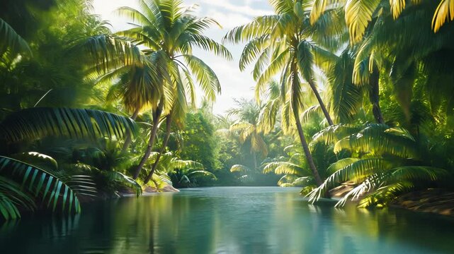 Serene Tropical Paradise: Lush Palm Trees Frame a Calm River