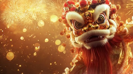 A vibrant lion dance costume set against a festive backdrop with fireworks, symbolizing celebration.