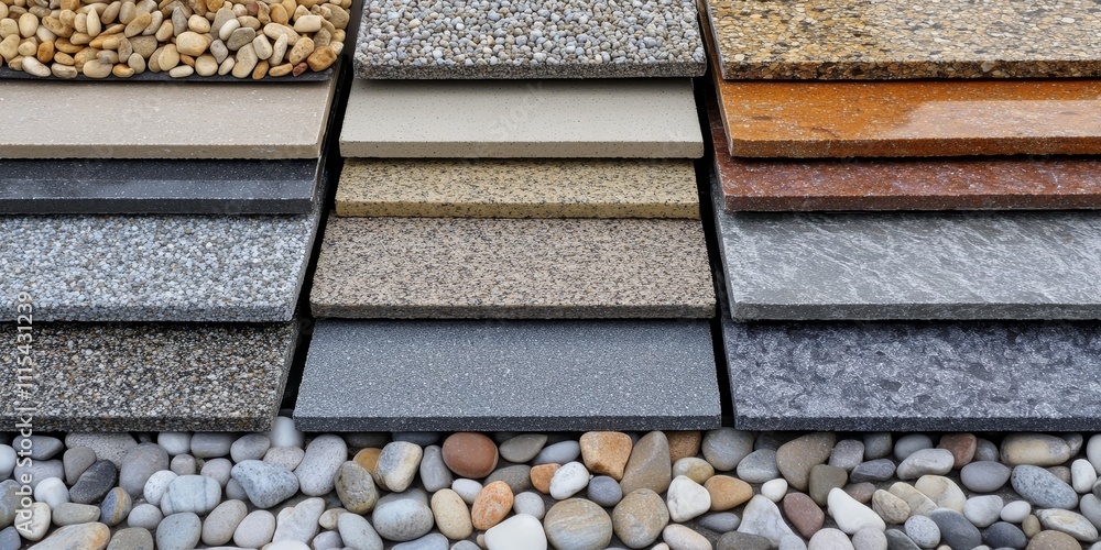 Poster gravel and floor tiles arranged in a stacked formation, showcasing the textures and colors of gravel