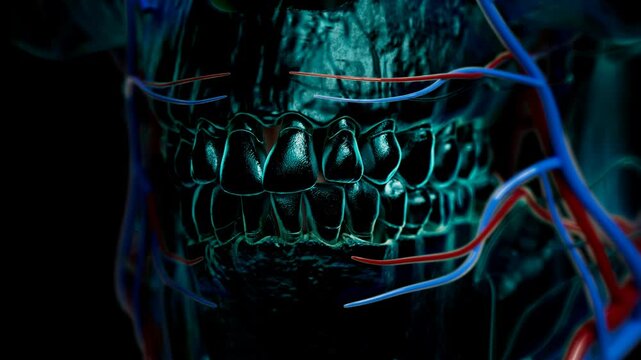 Close-up 3D shot of a skeleton's teeth with veins and arteries around the lips. The animation zooms in quickly on the teeth, nerves, and vessels surrounding the facial skull, showcasing detailed anato