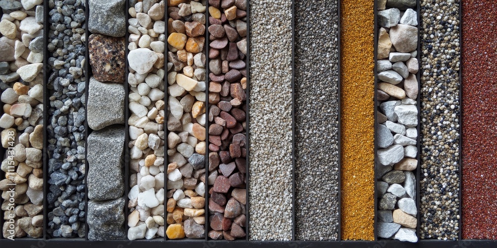Poster gravel and floor tiles arranged in a stacked formation, showcasing the textures and colors of gravel