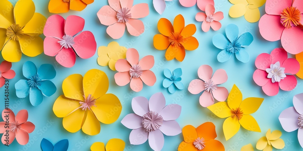 Poster flower pattern displayed from a top view on colorful paper creates a vibrant background. this flower