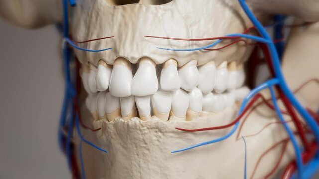 Close-up 3D shot of a skeleton's teeth with veins and arteries around the lips. The animation zooms in quickly on the teeth, nerves, and vessels surrounding the facial skull, showcasing detailed anato