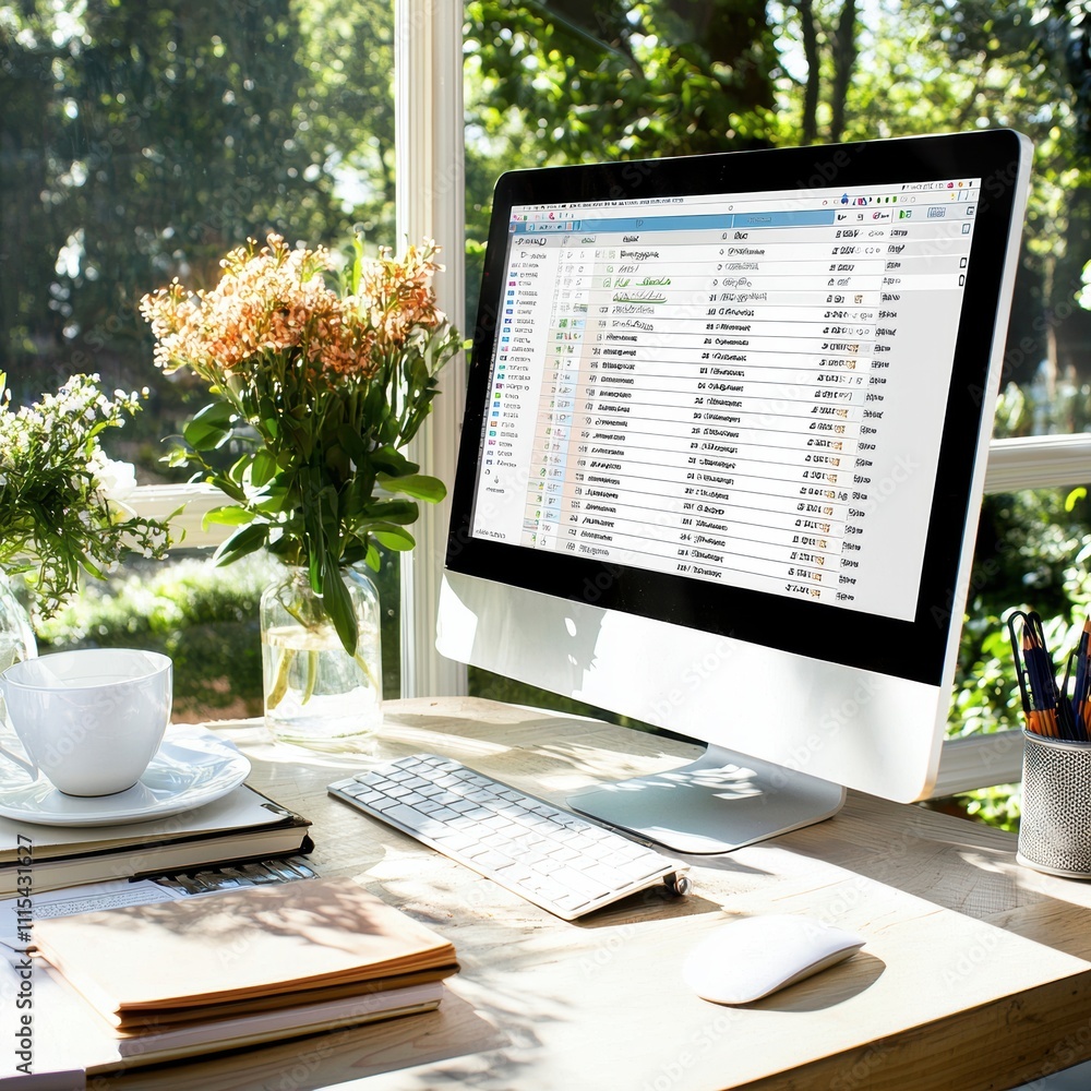 Poster modern workspace with computer and flowers.