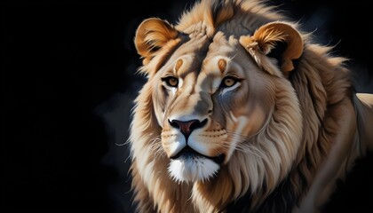 Fototapeta premium A majestic male lion with a large, full mane against a dark background