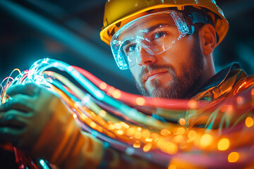 Technician working with colorful fiber optic cables in dimly lit workspace