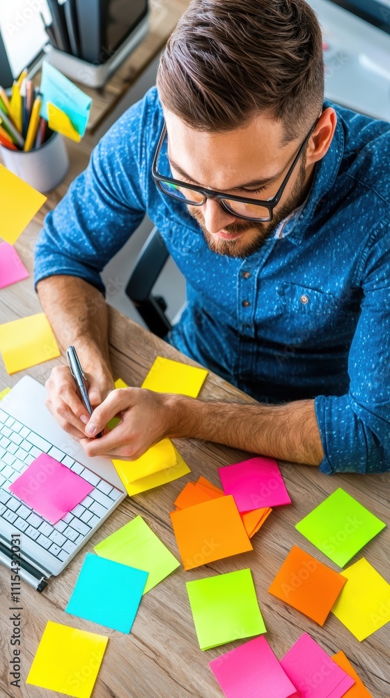 Poster man working at desk with colorful sticky notes