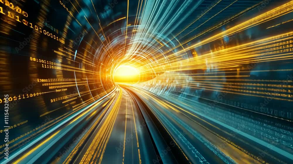 Poster visual representation of fast data transfer through a digital tunnel with vibrant golden and blue co