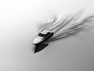 Aerial view of a luxury speedboat creating ripples on calm water.