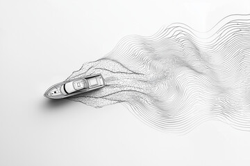 Top view of a boat leaving abstract wave patterns on calm water.