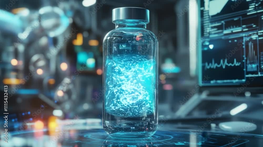 Poster high-tech laboratory showcasing futuristic liquid in a glass container surrounded by digital display