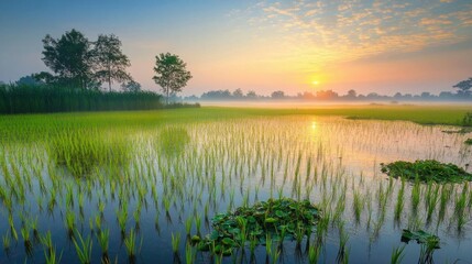 Serene sunrise over a lush rice field reflecting in calm waters.