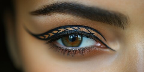 Fototapeta premium Artistic eye makeup showcasing intricate designs highlighting natural beauty and creativity during a vibrant fashion showcase