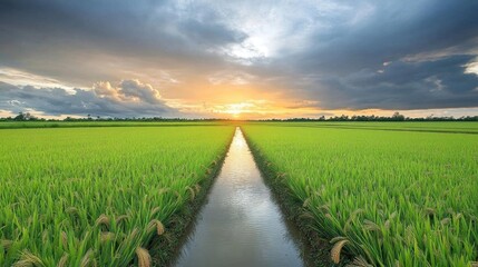 Obraz premium Lush green rice fields with a water channel at sunset.