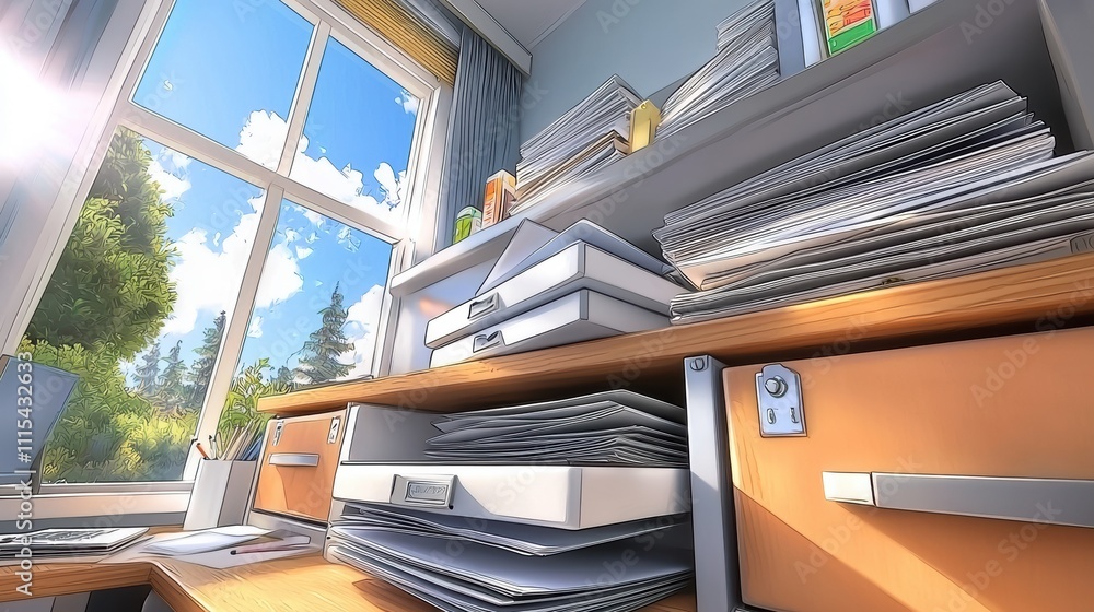Poster sunny office workspace with stacks of paper and window view.