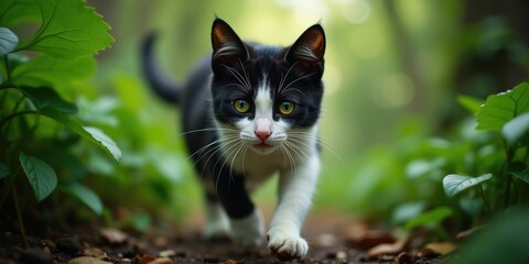 Obraz premium A curious black and white cat explores a lush green forest, embodying the spirit of adventure and the beauty of nature.