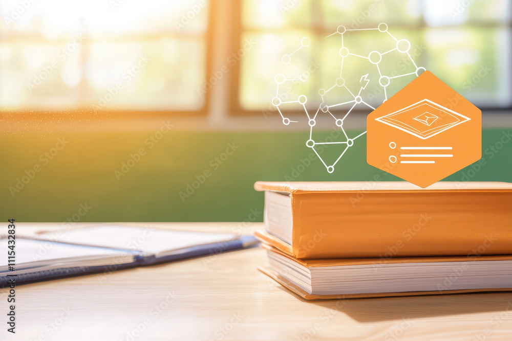 Poster futuristic classroom with books and digital learning concepts. image showcases modern educational en