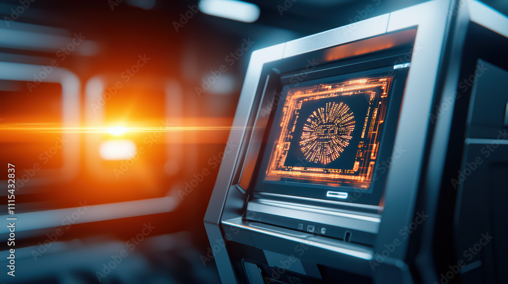 Poster futuristic bank kiosk with advanced technology and glowing interface, showcasing intricate circuitry