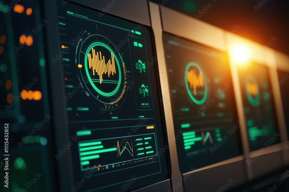 Poster futuristic digital interface with sound wave visualization and data analysis. vibrant colors and sle