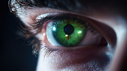 A close up shot of a human eye illuminated by a grid of bright green lasers during a high tech biometric scan, set against a dark background.