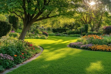 A vibrant garden with lush greenery and colorful flowers.