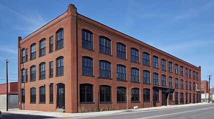 Fototapeta premium Historic brick building with large windows and clear blue sky.