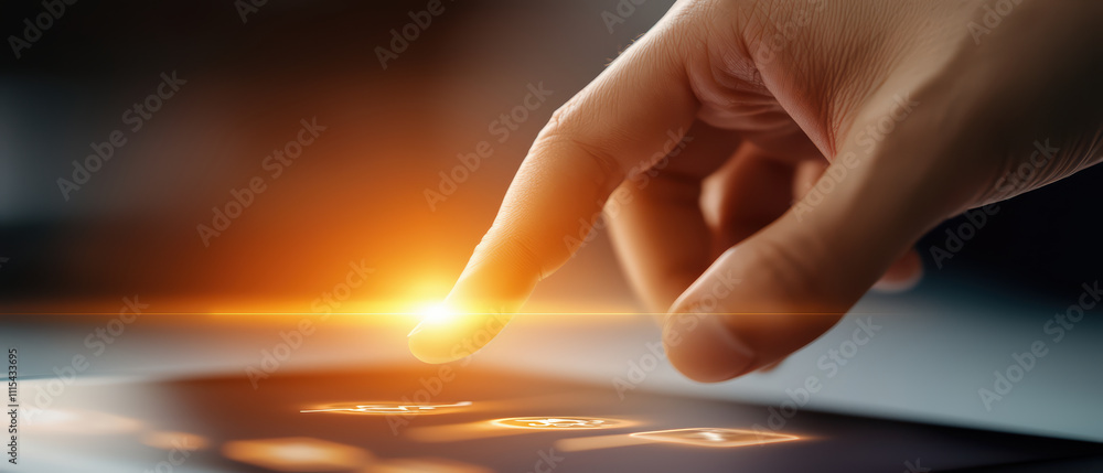 Poster hand interacting with high tech touchscreen, showcasing modern technology and innovation. glowing in