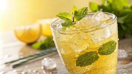 Fototapeta premium Close-Up of Freshly Poured Lemonade with Mint and Ice