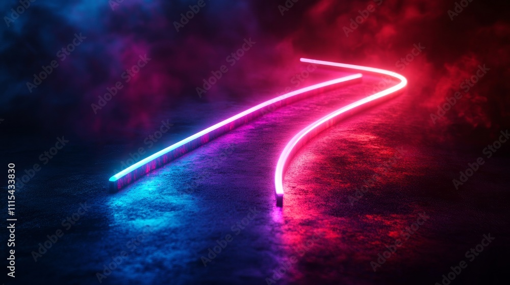 Poster illuminated neon light trails in blue and pink swirl around in a darkened setting, reflecting off a 