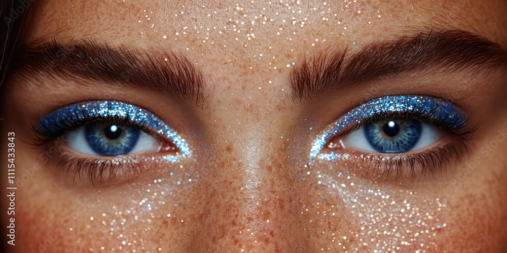 Poster sparkling blue eyes surrounded by shimmering glitter create a mesmerizing visual effect at an evenin