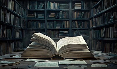 Fototapeta premium An open book resting on a table inside a quiet library, surrounded by shelves of books. The warm, inviting ambiance of the library creates a perfect setting for reading and knowledge sharing, with the