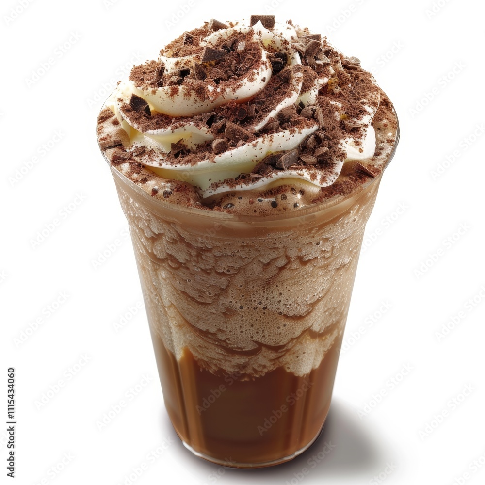 Poster a refreshing cacao frappuccino blended with ice and topped with a dusting of cocoa powder.