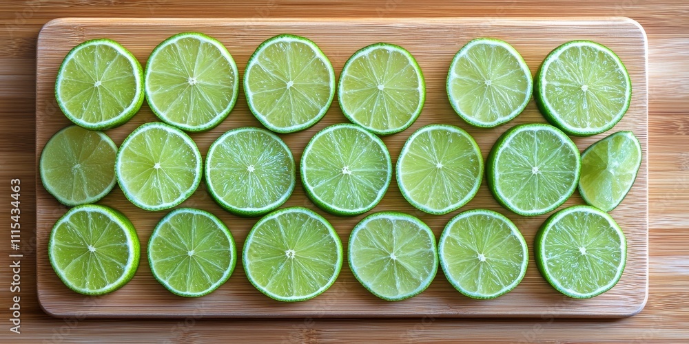 Poster top view of fresh lime slices displayed on a wooden board, showcasing the vibrant color and texture 