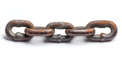 Obraz premium Worn and dirty chain resting on a white background, emphasizing the texture and condition of the dirty chain, perfect for showcasing wear and industrial themes in photography.