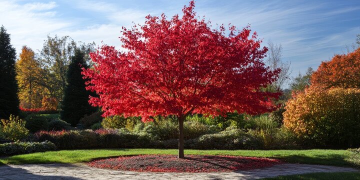 Slender Silhouette of an American sweetgum tree Liquidambar styraciflua Slender Silhouette displayed in a garden, highlighting its distinct narrowly upright and fastigiate growth habit.
