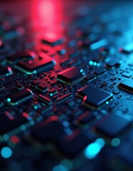 A close-up view of a futuristic circuit board with glowing  light .