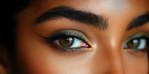 Naklejka premium Captivating close-up of expressive eyes adorned with artistic makeup during a vibrant cosmetic showcase