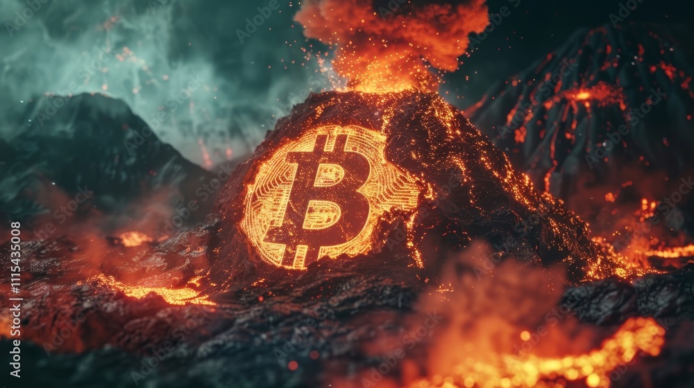 Poster the raw power of cryptocurrencies on full display as a volcano erupts with a breathtaking eruption o