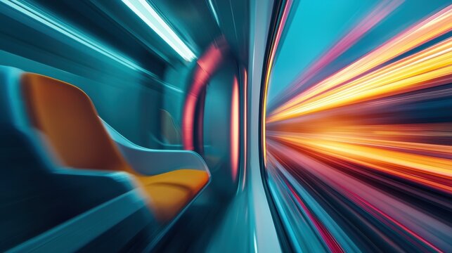 The interior of a hyperloop capsule, bathed in soft, ambient light, as it travels through a tunnel, with passengers looking out at the blurred scenery.